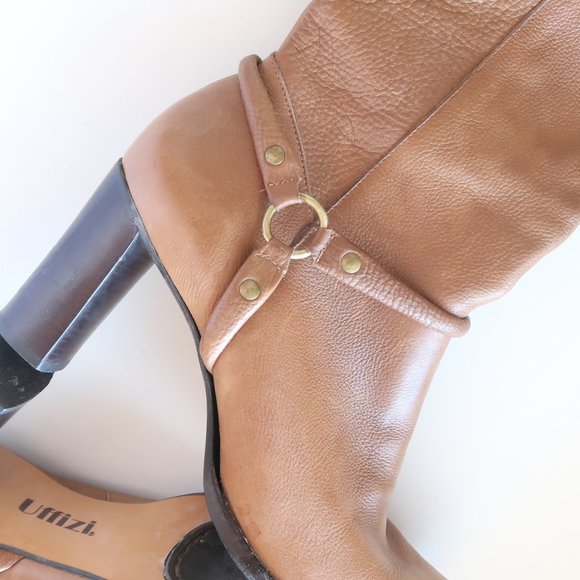 Uffizi Brown Leather Tall Heeled Boots With Metallic Harness Size 9.5 M - Picture 9 of 16